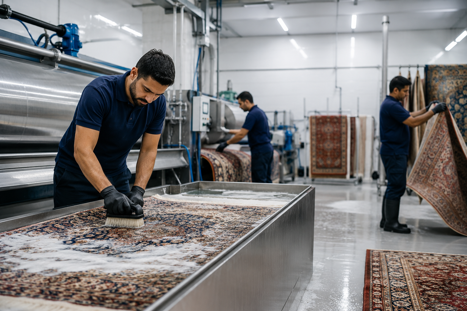 Professional rug washing process in facility